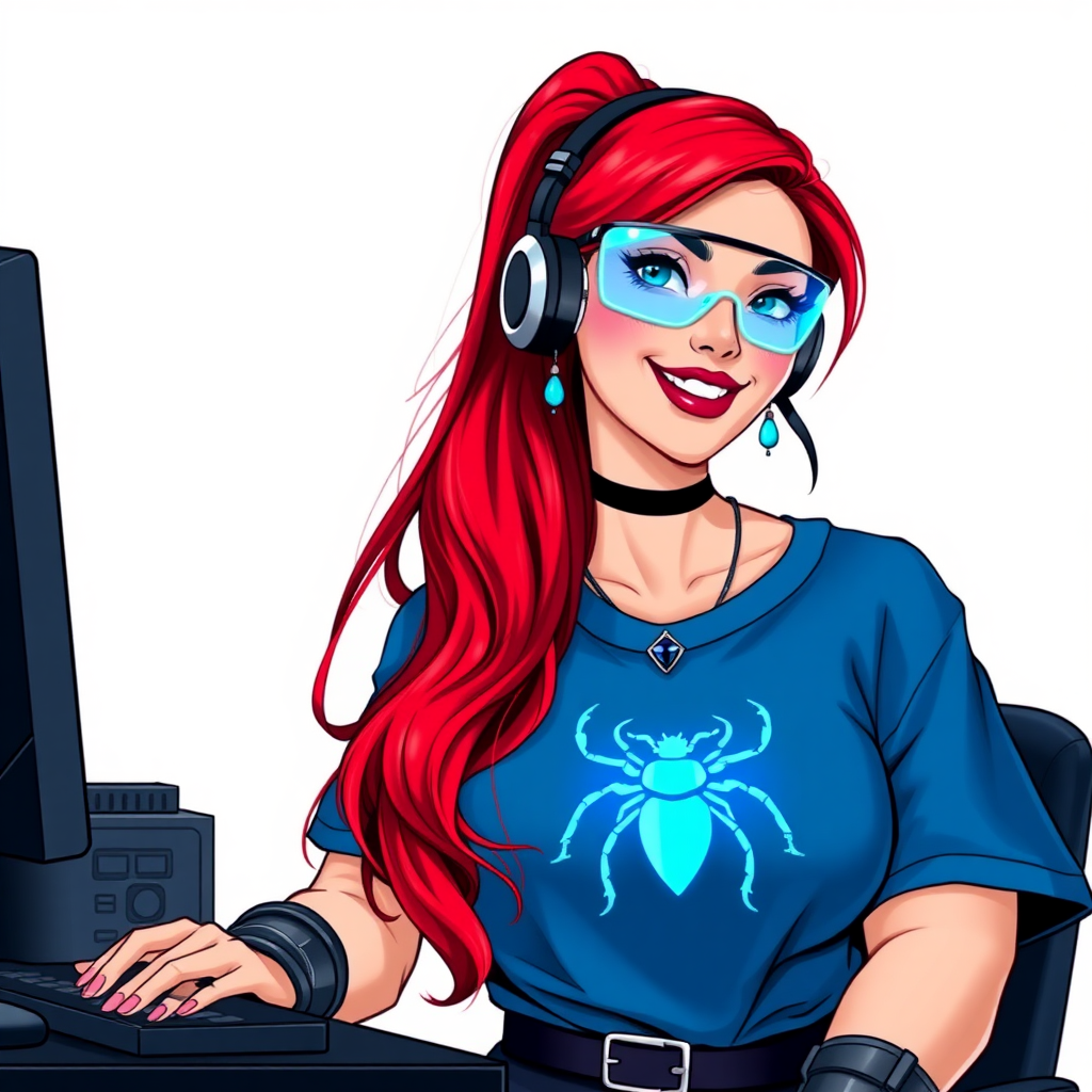 A cyberpunk vigilante’s full-figured intelligent and tech-savvy 29-year-old girlfriend, who is a computer hacker and tech genius. She has a long ruby red ponytail and bright blue eyes. She wears maximum blue lipstick, a sapphire beetle gemstone necklace, sapphire earrings, hi-tech metal arm armor, and an oversized maximum blue t-shirt featuring a neon blue glowing icon of a beetle on its chest. She has a full-figured physique with an enormous, round midsection, reflecting her well-cared-for lifestyle. She sports a sapphire headset with hi-tech maximum turquoise lensed HUD eyeglasses, and a beaming smile with a passionate bright red blush. Despite her figure and a lack of self-esteem, she radiates beauty. She has a slim face which contributes to her radiant beauty. She serves as his tech expert from his hideout, diligently working at her lab table and computer desk. The background is solid white. She is drawn as if she was in a retro 2D cyberpunk fighting game.