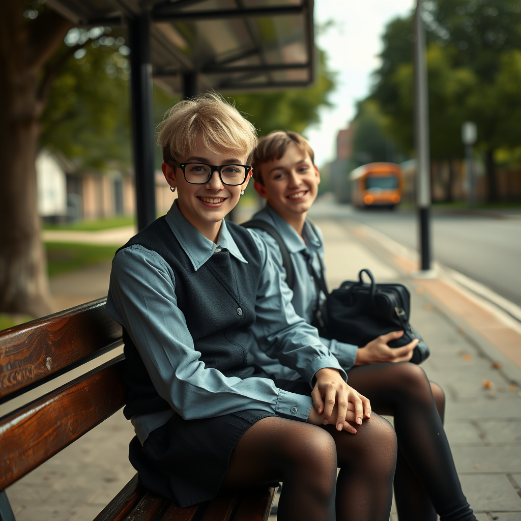 photorealistic, ultra high resolution, 16K, surreal fantasy, soft studio lighting, a pretty 18 year old goth male, slim male physique, short blonde hair, black glasses, goth makeup, earrings, shiny black pantyhose, UK girls-school uniform, Mary-Jane shoes, sitting on his boyfriend's lap on a bench waiting for the school bus, in daylight, excited smile, facing the camera.