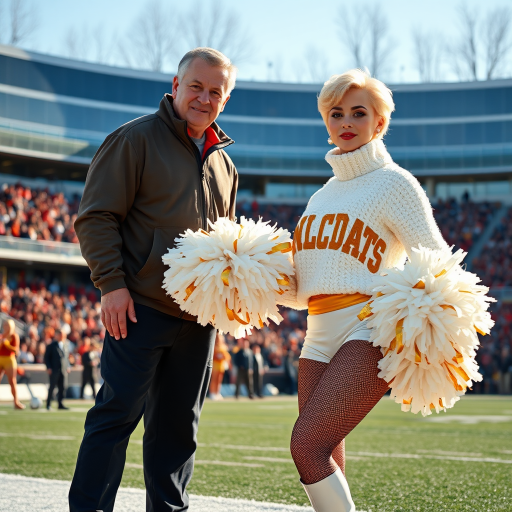 Sunny cold fall noon, college football stadium game, cheerleaders leader squat: Ana, European 17 years old very convincing femboy “QB’s trophy-bimbo”, tamed servile docile, very beautiful feminine flawless face, rather short boyish figure, platinum blond short tight curls, bold red lips, heavily made-up face, fluffy very fuzzy bright white plushy hazy thick angora turtleneck-sweater with “gold “WILDCATS” letters, vinyl gold short shorts, mesh pantyhose, white vinyl thigh-high boots with golden heels, large gold-white pompoms, pearl earrings, standing, shoulders slightly arched back, presenting her assets, talking with Hank: older tall overweight male visitor’s coach, wearing college football coach outfit, triumphant smile, nimbly patting Ana, both posing for photo.