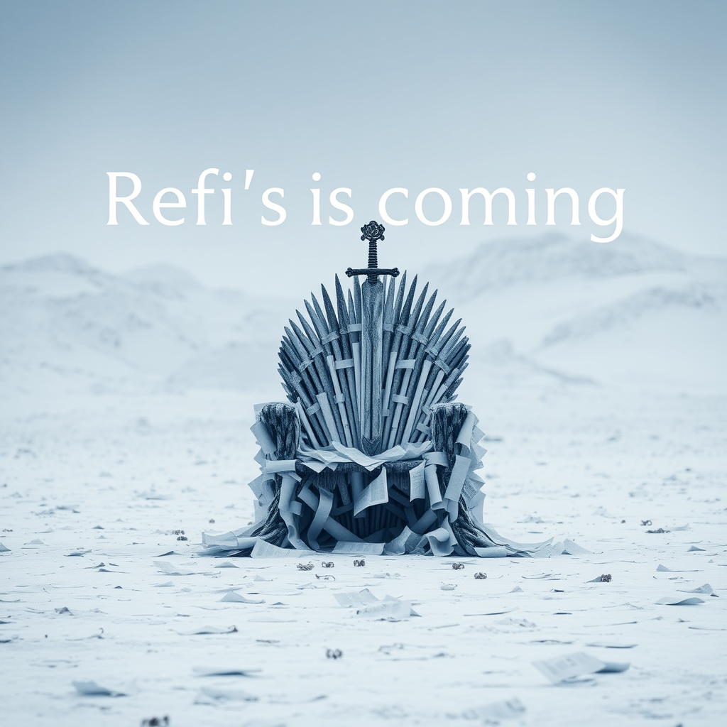 A legendary movie scene in Antarctica depicting the game of thrones sword chair made out of stacks of paper. The text in the background says “Refi’s are coming.” Epic theme and high quality cinematic elements. No animals or people. Winter storm, epic legendary shot. Stunning visuals. Papers are scattered across the frozen ground.