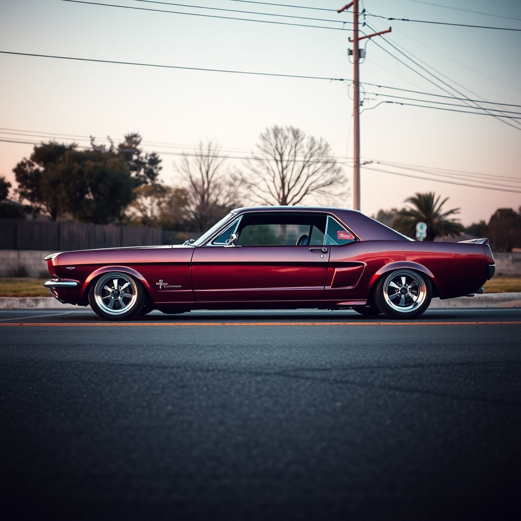 the car is parked on the side of the road, inspired by Taiyō Matsumoto, tumblr, restomod, nd4, c4 metallic shine classic american low rider ford mustang