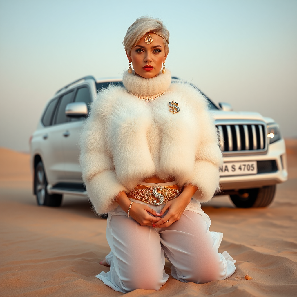 Kuwait desert dunes misty dawn, full size luxury SUV: Melissa, European 17 years old very convincing femboy “trophy-bimbo”, tamed servile docile, very beautiful feminine flawless face, rather short, by hormones very curvaceous womanly figured, platinum blond short tight curls, bold red lips, heavily made-up face, wearing Supertanya-style fluffy very fuzzy bright white angora turtleneck-poncho cropped ending under bust decorated with pearls and gemstones, striking oriental wide gold bridal protection belt, white fully transparent harem pants, full Oriental bridal jewelry with striking headpiece, full Oriental face-jewelry, striking diamond “$$$” letter brooch on left chest, pout frustrated, hands tied behind back, kneeling in sand in front of SUV, looking at camera. Focus on face and turtleneck-poncho.