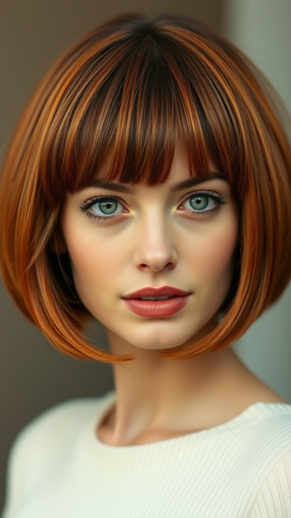 Beautiful model Anne Hathaway with a bowl cut hairstyle in various shades of color, with autumn chestnut foliage, in high definition.