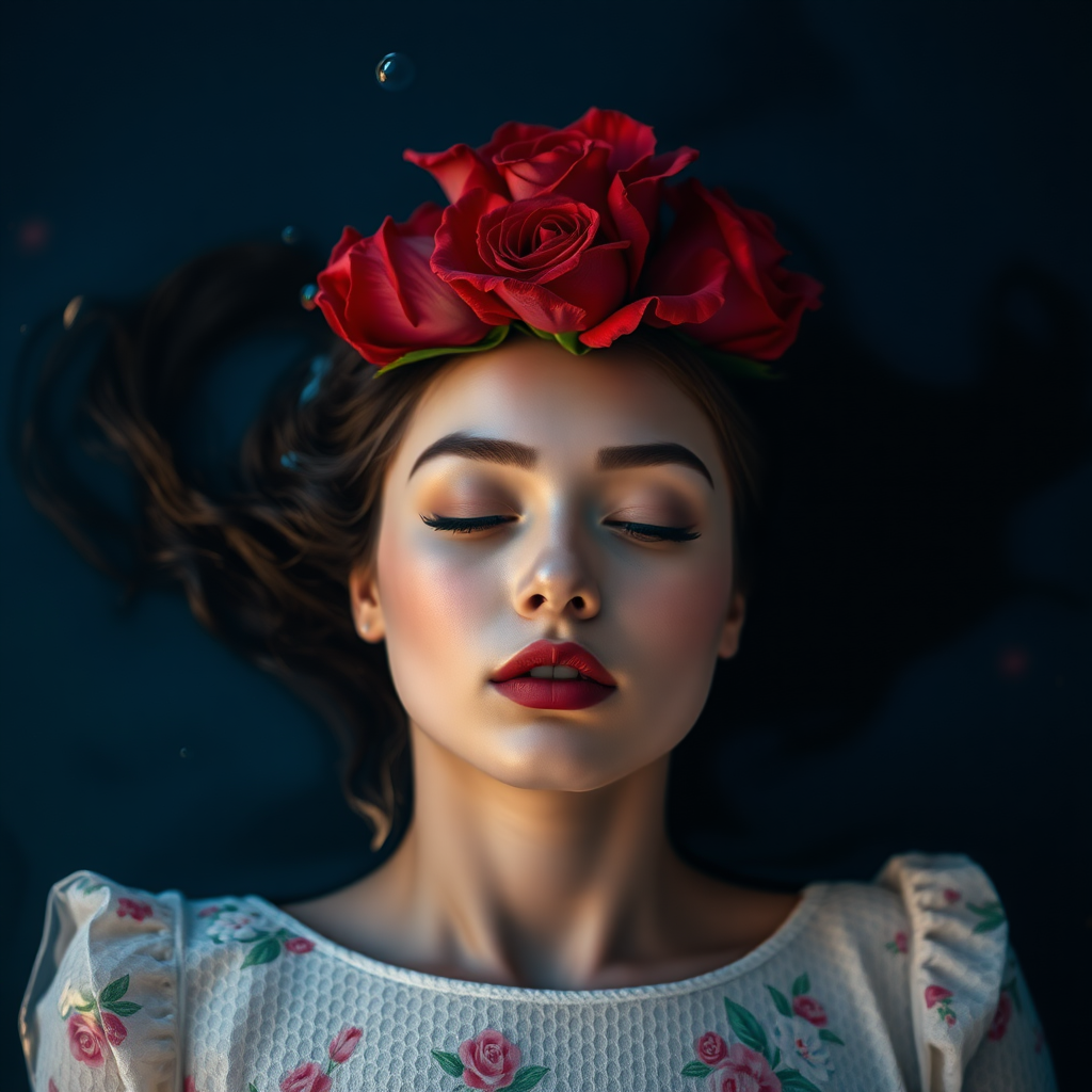 A red rose bouquet head, front view, wearing a white textured dress with pastel minimal floral print design, closeup shot, hyperrealistic, lying inside water with blue and pink effect, nighttime, dark