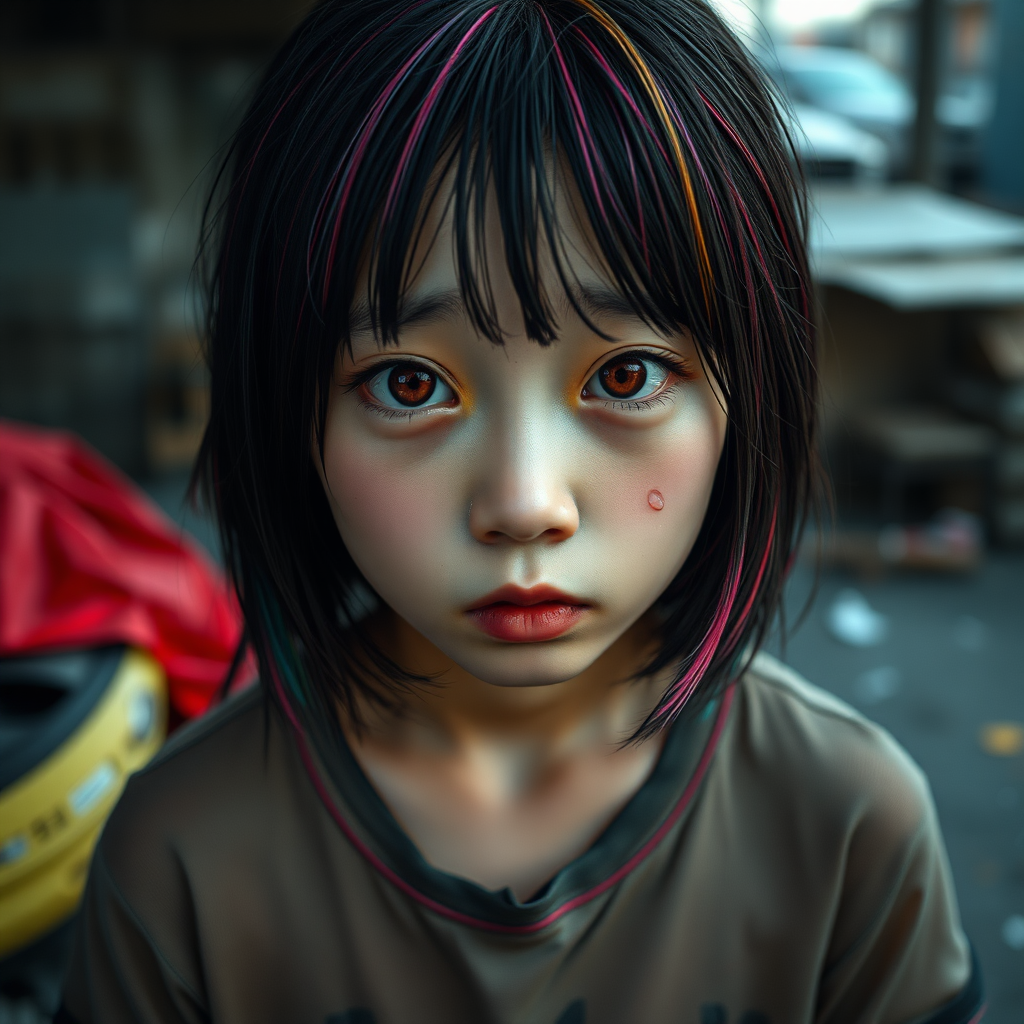 A homeless and sad and mysterious and surreal Asian girl in a very old, transparent T-shirt, with black and rainbow-colored hair and red eyes is looking without hope in her eyes, a little bit crying, with one teardrop.