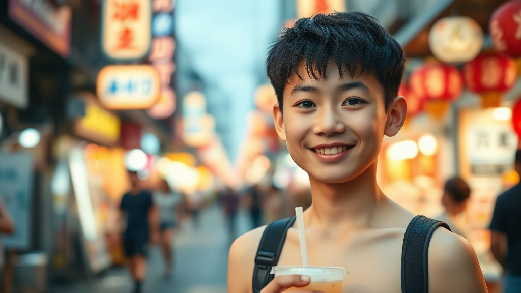 A vibrant street scene with bright lights, blurred background, a Taiwanese boy wandering through the night market, facing the camera, wearing a sweet smile, with a strong and fair complexion, exposing his fair upper body, holding a cup of bubble tea in his hand.