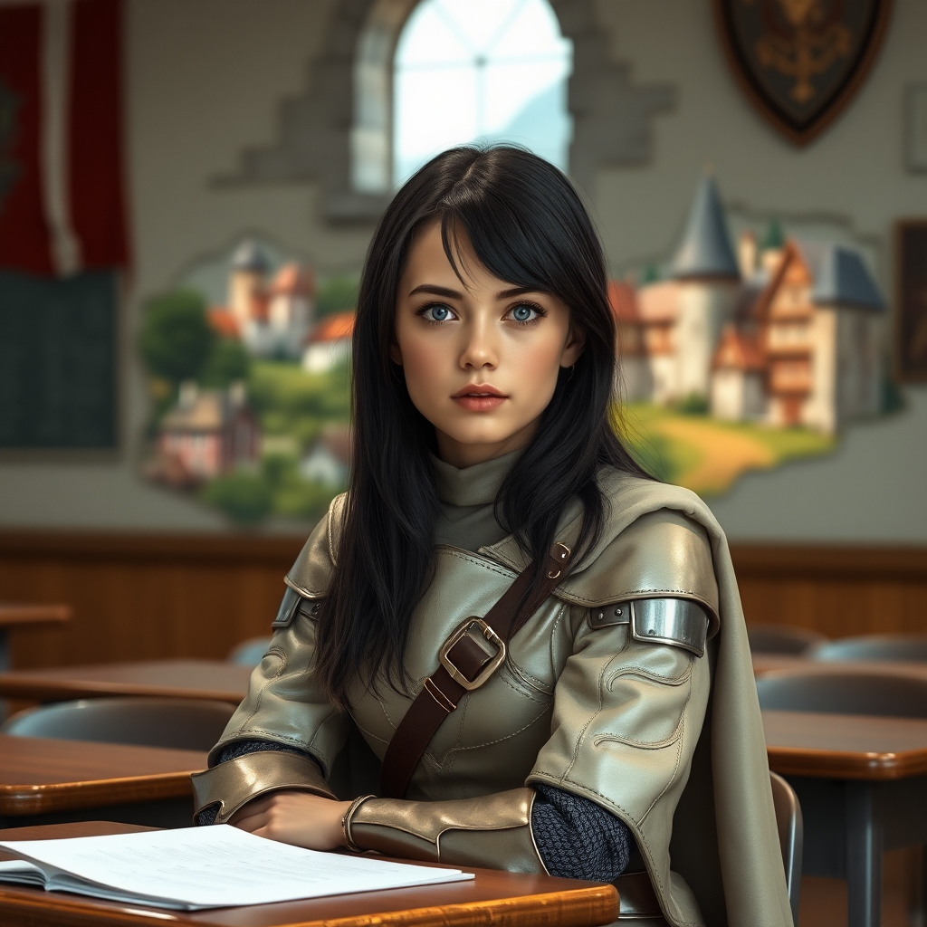 beautiful young woman, dark hair past her shoulders, blue eyes, small, slim figure, wearing light full leather armor suit with long cape, sitting in a school classroom at student desk with the wall missing with a beautiful medieval village in the background.