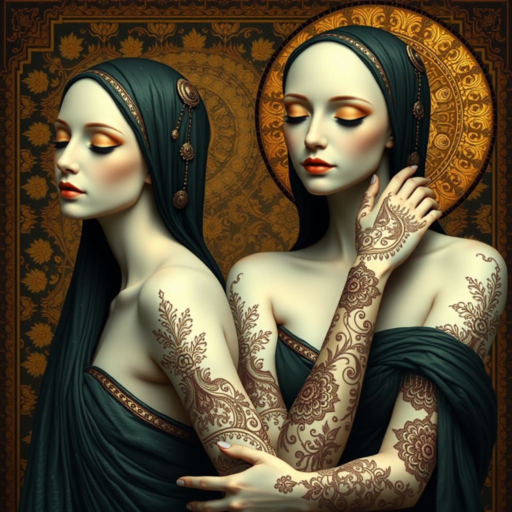 Create the following image Prompt: An image in the style of Max Klimt and Art Nouveau. Scene is two Women with very white skin and Oriental Henna Tattoos on her complete arms.