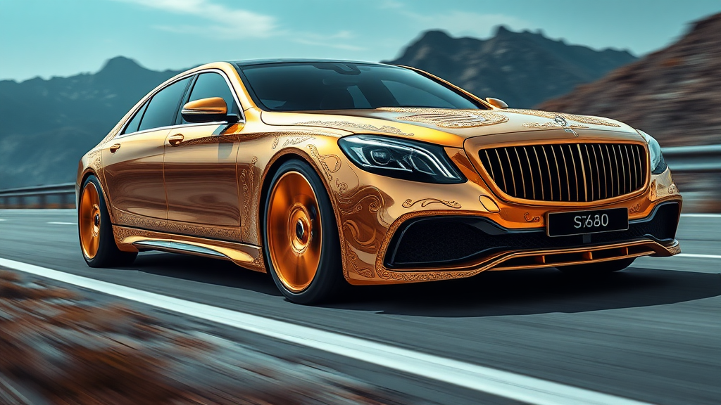 futuristic maybach s680 sedan, A luxurious, gold-plated car adorned with intricate, ornate designs and carvings. The vehicle features prominent headlights and a distinctive front grille, showcasing a fusion of elegance and extravagance. Set against a backdrop of mountains road motion blur