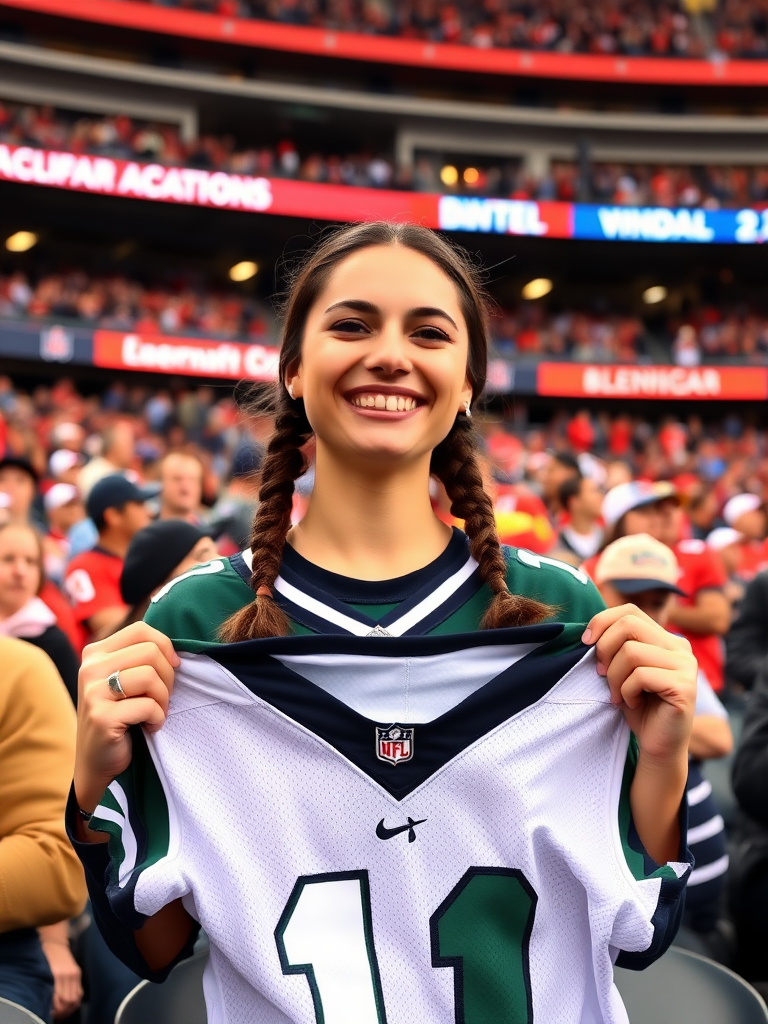 Attractive female NFL fan, pigtail hair, enthusiastic, inside crowded bleacher row, holding a spare jersey, NFL stadium