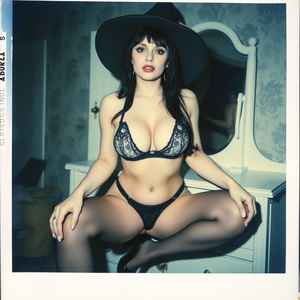 scan of an old polaroid photo with heavy dark vignetting and a blue color tint to the photograph and visible light leaks. The photo depicts a sexy alt goth woman with pale skin and black hair. She has large breasts with ample cleavage and is wearing a tiny revealing bikini bra with triangle shaped cups. She is wearing a witch hat. The image looks hazy and grungy. She is in an old house with wallpaper on the walls. Dark lighting with camera flash used. Candid. she is wearing a tiny revealing lace thong and thigh high stockings. She is sitting on a builtin vanity with a mirror with her knees spread apart. She is wearing black high heels. She has skin texture and visible pores and imperfections.