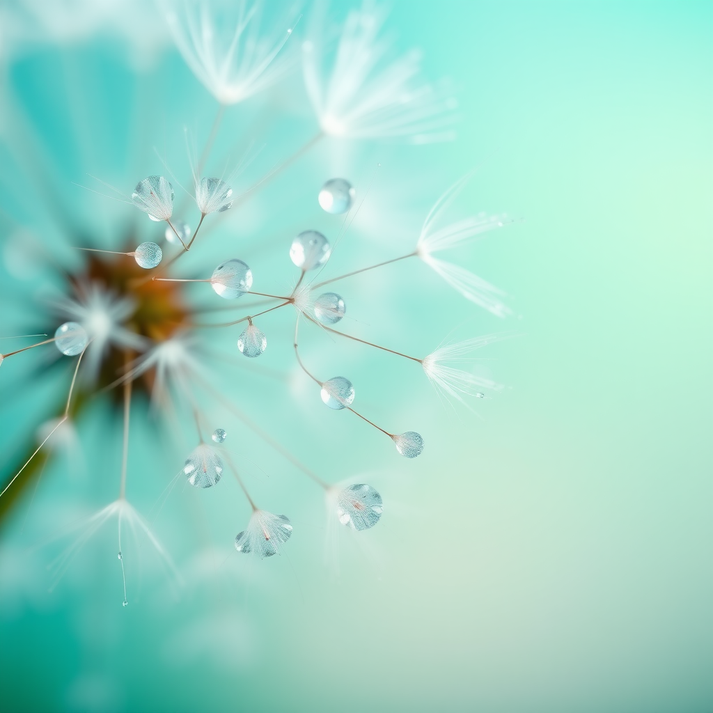 macro shot of delicate dandelion seeds adorned with glistening water droplets, set against a soft, gradient background transitioning from turquoise to light green. the composition highlights the intricate details of the translucent seeds, capturing the vibrant sparkle of the droplets, creating a dreamy and ethereal atmosphere. use hyperrealistic style to emphasize the textures and reflections, with a focus on the subtle contrasts in light and shadow, evoking a sense of tranquility and natural beauty.