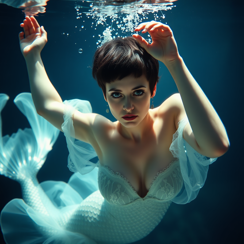 The Bride of Frankenstein as a mermaid. She's floating underwater with arms up. She's looking intensely at the viewer of the photo. The eye contact is palpable and mystical. Her short hair floats like a beautiful nimbus around her head and her shiny scaled tail is curled beside her. Gossamer Diaphanous. Vamp it up! HD DSLR Photo