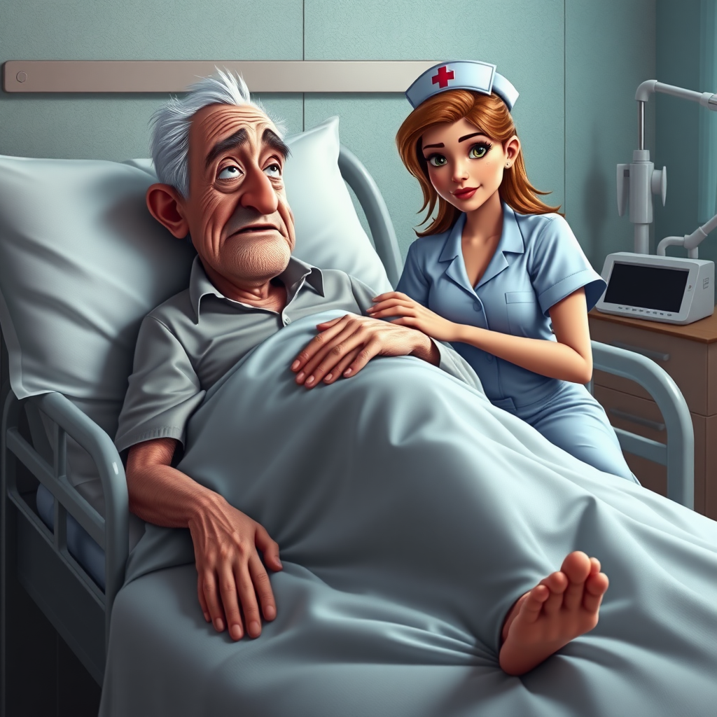 High quality, detailed, Disney 3d style film poster of an old man on a hospital bed with a huge erection under the blanket and a young skinny attractive nurse "impotence"