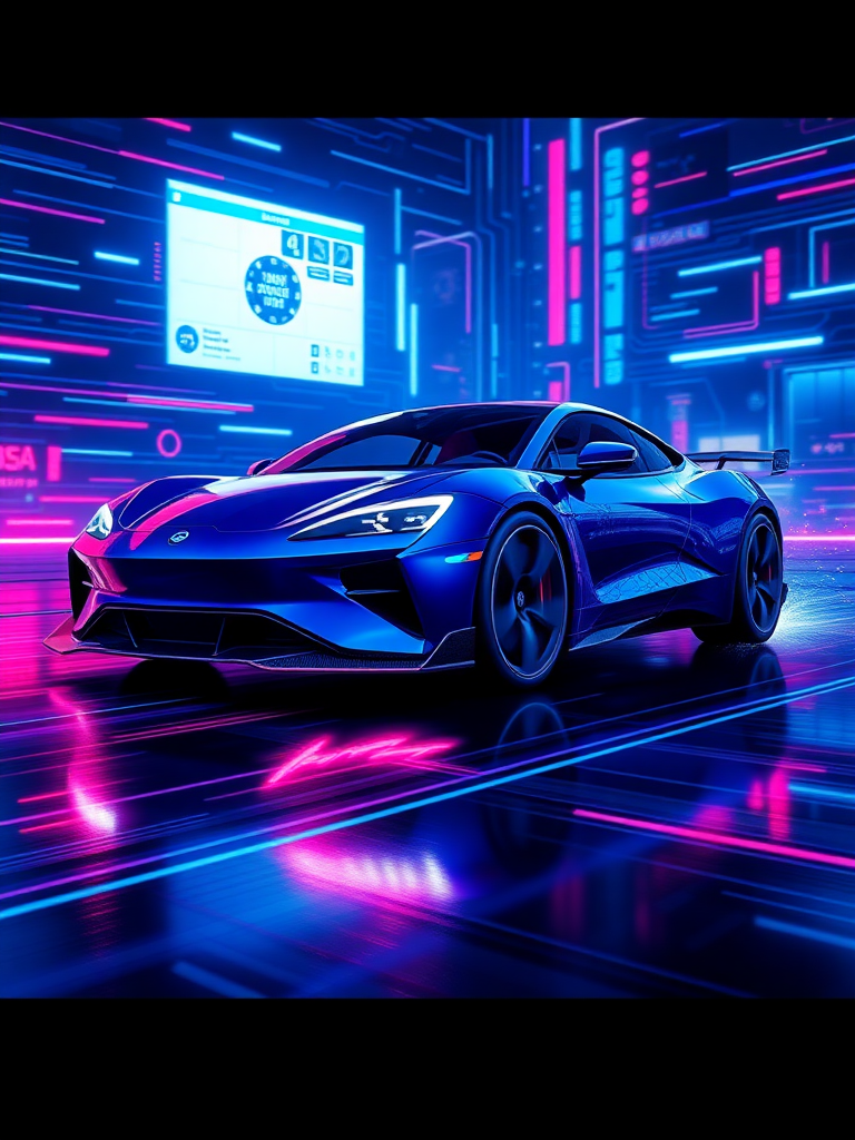 Please render the electric car racing in cyberspace in a realistic 3D manner. Make the background cyber-like and express it with a sense of speed with the "electric sparks." Make the overall color dark blue and draw it with a neon sign feel.