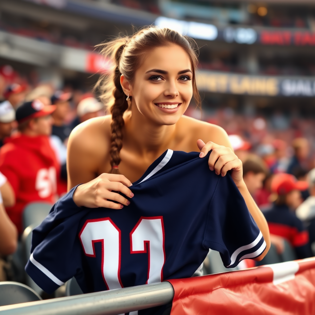 Attractive female NFL fan, pigtail hair, leaning forward over first row stadium barrier, holding spare jersey