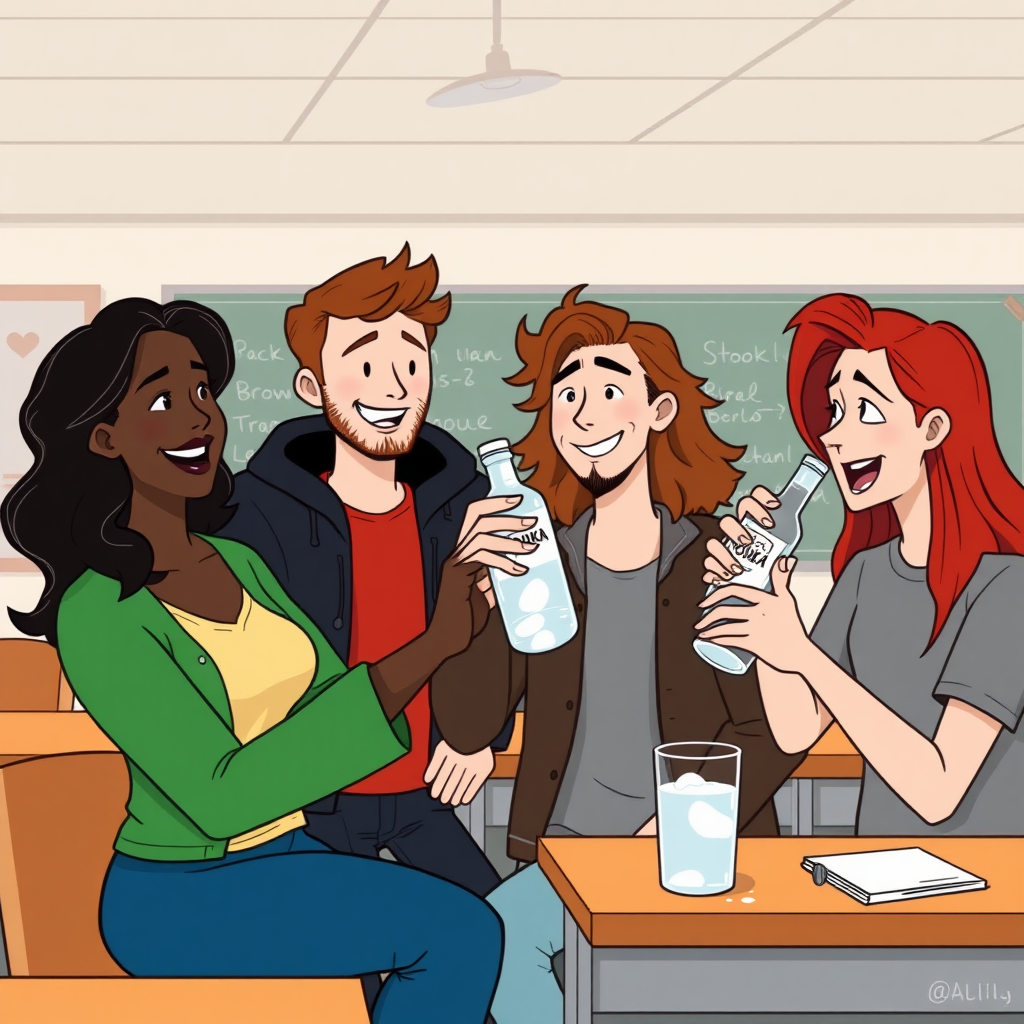 A Black woman with wavy hair, a short curly-haired redhead guy, a long-haired brown-haired guy, and a non-binary person with red hair are all drinking a bottle of vodka together in a classroom at school during a lesson in an animated style.