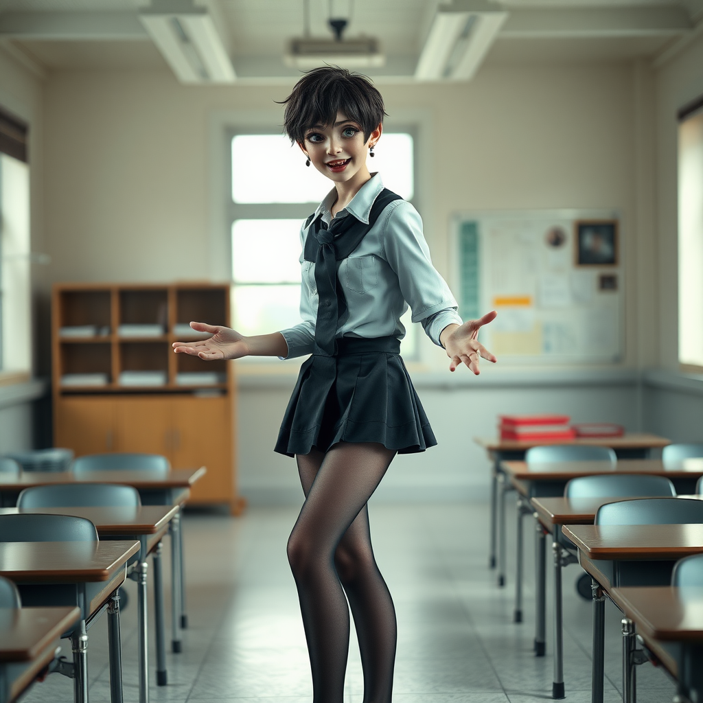 photorealistic, ultra high resolution, 16K, surreal fantasy, soft studio lighting, a pretty 17 year old goth male, slim male physique, short dark hair, blue eyes, goth makeup, earrings, sheer pantyhose, UK girls-school uniform, Mary-Jane shoes, standing in the classroom delivering a talk, excited smile, facing the camera.