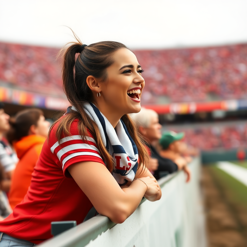 Attractive female NFL fan, pigtail hair, leaning forward on the first row barriers, next to field, cheerfully yelling