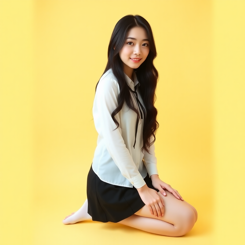 Asian portrait. A young woman, possibly in her early twenties, with long, wavy black hair and fair skin, is kneeling in front of a light yellow background. She has lovely eyes and is looking towards the camera. She is wearing a white shirt with a tie, a black mini skirt, white lace stockings and no shoes.