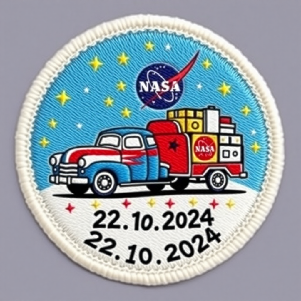 A retrofuturistic NASA mission patch with a vintage aesthetic. It features a stylized image of a blue and white painted pickup truck from the 1950's or 60's, in the style of a 'Rat Rod', pulling a trailer with square, boxy shapes, emblazoned with the NASA logo and the word 'Moving'. The trailer is crammed with boxes, each with a hand-drawn symbol representing a different planet or celestial body. The mission date '22.10.2024' is written in a hand-drawn, vintage font, beneath the truck and trailer. The patch has a circular shape, with a white border and stars embedded into the background. The color palette is a retro color scheme of blue, red, yellow, and white, reminiscent of the 1960's. The patch is designed to evoke a sense of nostalgia and excitement for a bygone era of space travel.