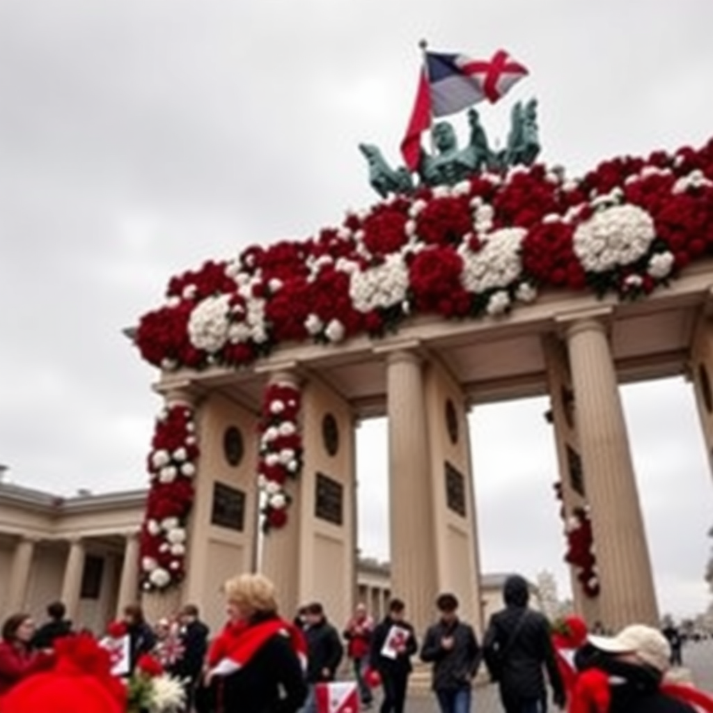 The entire Brandenburg Gate is adorned with black, white, and red flowers, and a flag is fluttering on the gate.