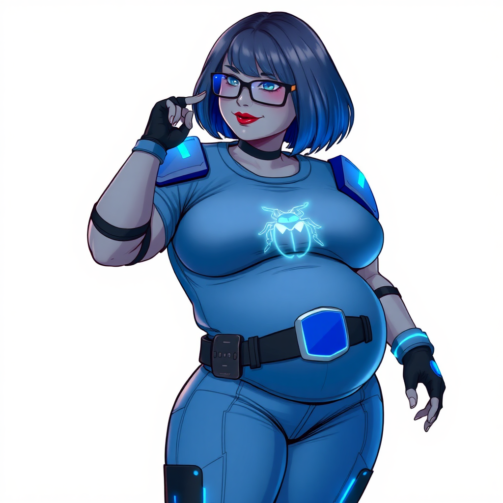 A 28-year-old, full-figured, middle gray skinned computer program hybrid with a maximum blue bob cut. She has a non-athletic build, highlighted by a prominent, round, large midsection (with emphasis on her belly), which shows the aftermath of her pampering. As the heavily pampered digital sidekick to her cyberpunk vigilante boyfriend, her middle gray metallic skin and maximum blue lipstick emphasize her digital nature. She wears a digital, computerized costume inspired by DC’s Carrie Kelly Robin, consisting of a huge, tight-fitting, maximum blue t-shirt with a neon blue glowing chest icon of a beetle, hi-tech shoulder pads with neon blue accents, a black hi-tech belt with a digital neon blue glowing buckle, digital maximum blue biker pants with neon blue accents, and black hi-tech fingerless biker gloves with neon blue glowing accents. Her neon blue glowing eyes, black eyeglasses with a neon blue glowing HUD built into the lenses, and shy smile with neon red blush accentuate her nerdiness. She stands bashfully with one hand behind her back and the other hand gently touching her cheek, her costume covering all her skin and emphasizing her full-figured physique (especially her belly). She is clearly non-athletic, with a focus on her full-figured physique. Despite her build, she radiates beauty. She has a slim face compared to her physique, accentuating her radiant beauty. She is on a solid white background. She is drawn as if she were in a retro 2D cyberpunk fighting game.