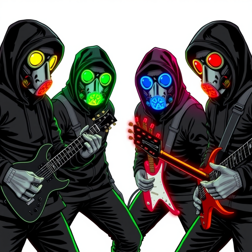 a rock band-themed group of anarchist vigilantes. They wear black tactical hoodies and color-coded gas masks that glow neon in their respective Munsell colors. Each member’s gas mask matches their designated Munsell color. There are only four members:

Maximum Yellow: Hypnotic Keyboardist with a neon yellow glowing gas mask (Munsell Yellow)  
Maximum Green: Seismic Drummist with a neon green glowing gas mask (Munsell Green)  
Maximum Blue: Electrokinetic Guitarist with a neon blue glowing gas mask (Munsell Blue)  
Maximum Red: Sonic Lead Vocalist with a neon red glowing gas mask (Munsell Red)  

The scene should capture their rebellious and intense energy, with each member in a dynamic pose, ready to unleash their musical and anarchistic powers. They are on a solid white background. They are drawn as if they are in a retro 2D cyberpunk fighting game.