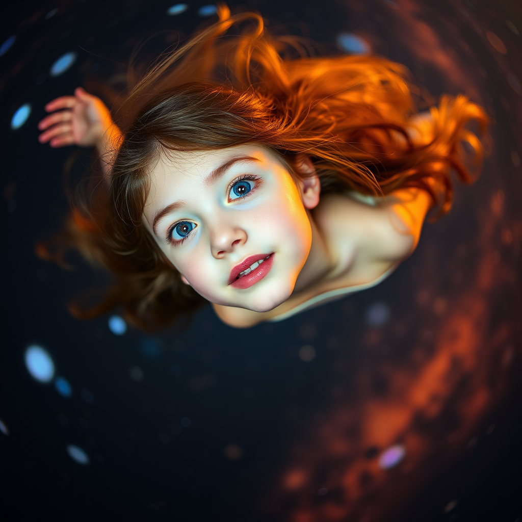 preteen girl floating in space, Low Key Lighting, dreamscape, nebula, Bokeh, abstract, brilliant colors, glittering, translucent, iridescent, natural skin, glowing, artistic photo, wide angle, cute, interesting, microscopy, airy, original, experimental, refraction