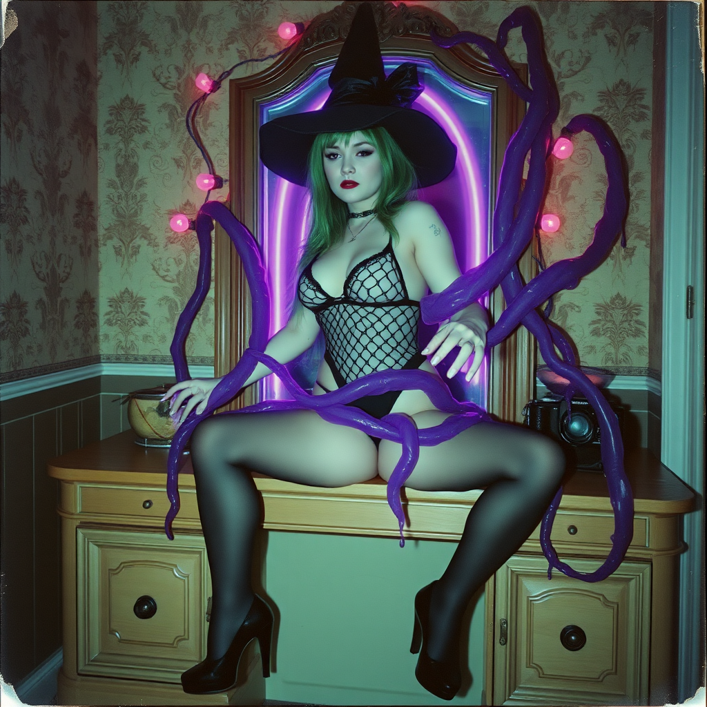 Scan of an nsfw old polaroid photograph with visible wear and heavy vignetting and blue color tint and light leaks, depicting a sexy pale curvy alt goth girl with plump booty and green hair wearing a skimpy fishnet black bodysuit and g-string revealing her nipples and wearing black stockings and high heels, sitting on a built-in vanity with a mirror in an old house with wallpaper on walls with her knees spread apart. Camera flash used. Dark lighting. Moody and hazy. Grunge look. Erotic. Nude. Pink Christmas lights on wall. She is wearing a witch hat and is being restrained by giant glowing translucent slimy jello-like purple vines dripping goo coming from inside a glowing purple portal in the mirror, wrapping tightly around her arms and legs and torso. The vines are pulling her back towards the mirror.