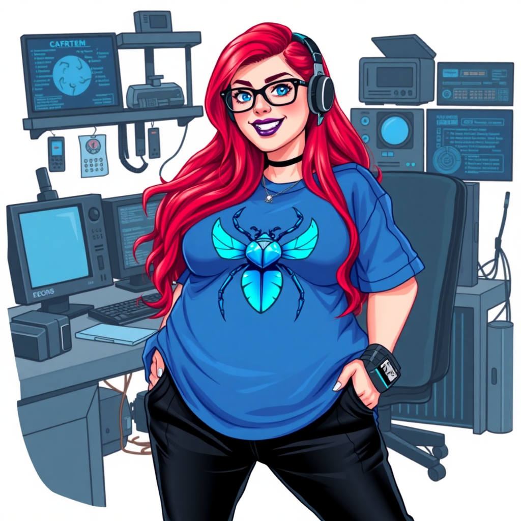 A cyberpunk vigilante's 28-year-old computer science major, nerdy, full figured, heavily pampered computer hacker and tech-wiz girlfriend with long, ruby red hair. She wears maximum blue lipstick and has bright blue eyes. Her outfit includes an oversized maximum blue t-shirt (accentuating her gargantuan midsection) featuring a maximum blue gemstone beetle chest emblem. She sports black eyeglasses, black sweatpants, a sapphire headset with a maximum blue lensed HUD, with a beaming smile and neon red blush. Her full figure (especially her gargantuan midsection) shows the heavy extent of her doting pampering. As her boyfriend's tech-wiz, she primarily works in his hideout, operating from her workbench and her computer desk. The background is solid white. She has a prominent, round, gargantuan midsection. She is drawn as if she was in a retro 2D cyberpunk fighting game.