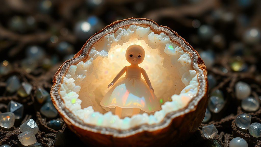 doll made of opal, high quality photo, intricate environment, ultra-detailed, impressionistic, dynamic composition, artistic photograph, geode, alabaster, fractal, brilliant colors, glittering, sunlight, illumination, transparency, translucent, opal