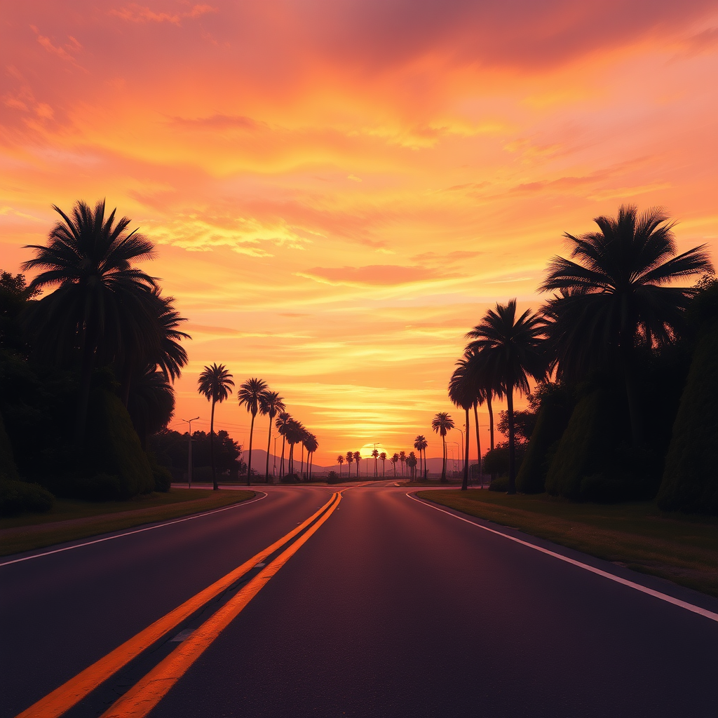 A serene sunset landscape captured from a low angle on a winding road bordered by tall palm trees, expressed through the aesthetics of Impressionism. The road features a prominent yellow line that draws the viewer's gaze into the distance. The sky is a breathtaking blend of warm oranges, deep purples, and soft pinks, reflecting the atmosphere of a peaceful, golden hour. The soft silhouettes of lush greenery on both sides create depth, while the fading sunlight casts gentle shadows.