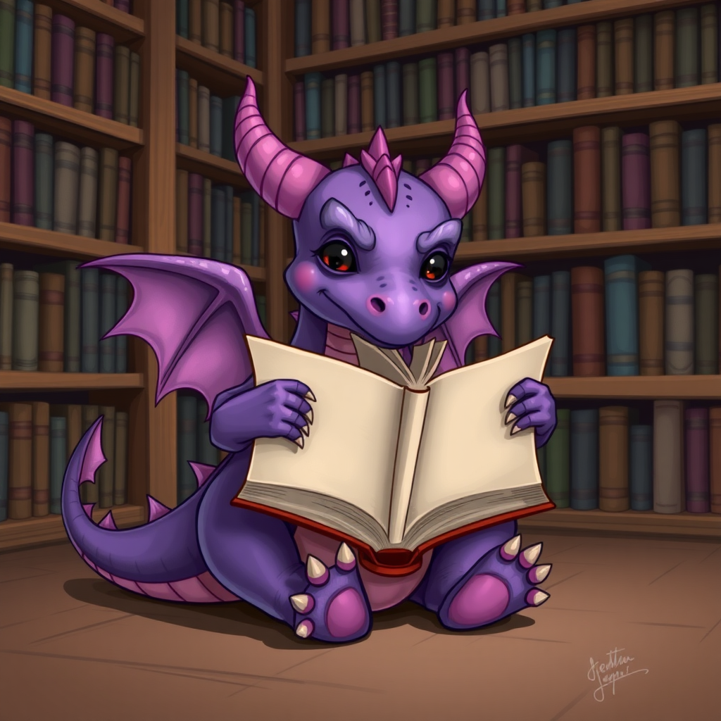 A lazy purple small dragon with two legs, two arms, and wings in a library reading from a large book sitting in front of him