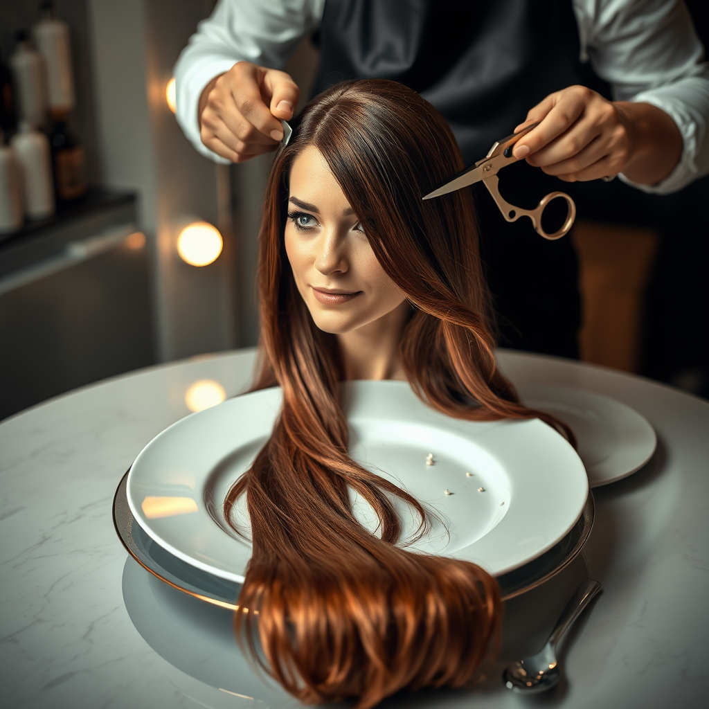 In a bizarre, surreal tableau, the polished surface of an elegant dining plate cradles the disembodied head of a strikingly beautiful Kate Middleton, her long, flowing hair cascading like a glossy waterfall of deep chestnut and honey highlights. The hair is luxuriously arranged, strands shimmering under the soft, ambient light that bathes the scene in an ethereal glow.

A skilled hairdresser, clad in a sleek black apron, stands poised with a pair of gleaming scissors, carefully trimming the endlessly luxurious locks that frame Kate's serene, almost ethereal features. The air is thick with the scent of salon products mingling with delicate hints of floral fragrances, creating an unusual yet strangely inviting atmosphere. The hairdresser's focused expression reveals a meticulous dedication as snippets of hair fall gracefully onto the pristine plate, echoing a sense of both artistry and absurdity.

The overall emotional tone conveys a dreamlike quality, inviting viewers to ponder the juxtaposition of beauty, identity, and the bizarre circumstances that bind them in this extraordinary moment.