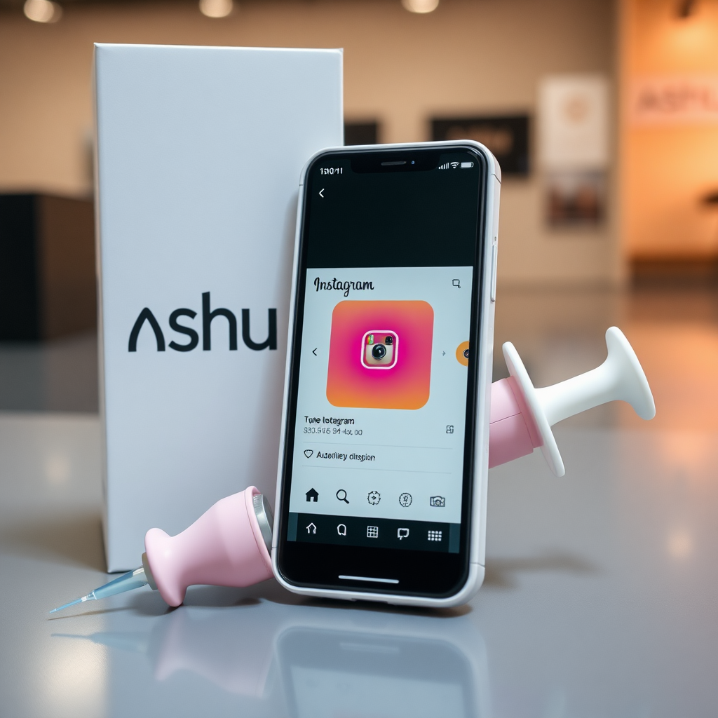 A close-up straight front view of a mobile phone in a shape inspired by a syringe, white pink futuristic, kept for sale leaning against a box with the text "Ashu" and minimal design, in a showroom, metallic body, touchscreen phone with the Instagram page open on the screen, needle on top, white punk.