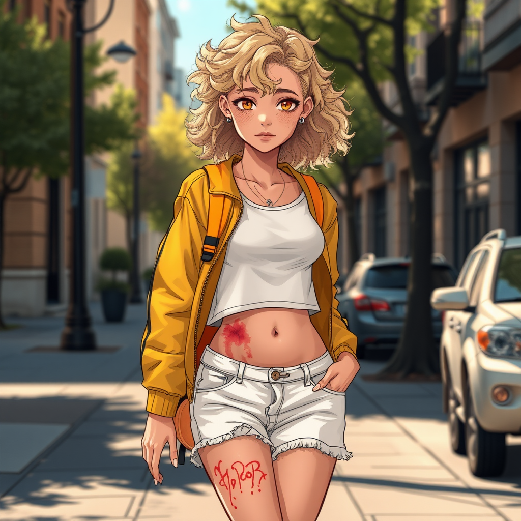 Realistic drawing style image, Extremely good quality 8k resolution drawn manga image of a 15 year old petite and short tomboy girl with golden blonde curly hair with mixed and different colored eyes for each eye and moles on her entire body and is a white American girl, Has on a Gold Jacket over a white extremely short crop top only covering her breasts and nothing more with a design on it, and has on ripped shorts and cool looking sneakers and a deep and big knife cut wound on her stomach from a huge injury she had, with a bright color backpack, ear piercings on, walking on the street to school in the morning with the beautiful sunlight lighting up her body beautifully with no tattoos.