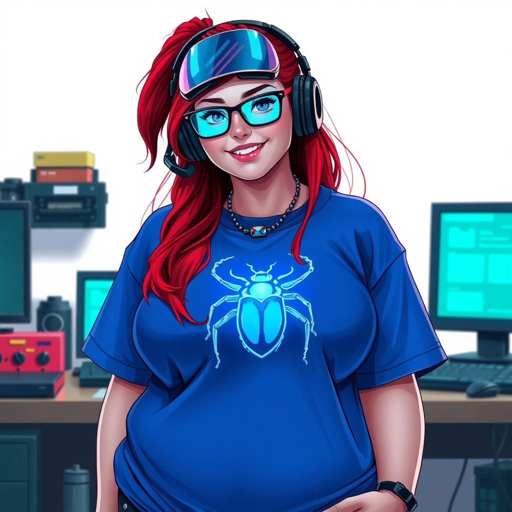 A cyberpunk vigilante’s full-figured intelligent and tech-savvy 29-year-old girlfriend, who is a computer hacker and tech genius. She has a long ruby red ponytail and bright blue eyes. She wears a sapphire beetle gemstone necklace, and an oversized maximum blue t-shirt featuring a giant neon blue glowing icon of a beetle on its chest. She has a full-figured physique with a prominently, gargantuan, well-rounded midsection, reflecting her well-cared-for lifestyle. The midsection is heavily emphasized. She sports a sapphire headset with hi-tech maximum turquoise lensed HUD visor, black eyeglasses, and a beaming smile with a passionate bright red blush. Despite her figure and a lack of self-esteem, she radiates an air of beauty. She has a slim face which contributes to her radiant beauty. She serves as his tech expert from his hideout, dutifully working at her workshop with a computer desk and tool bench. The background is solid white. She is drawn as if she was in a retro 2D cyberpunk fighting game. Ensure her shirt covers her midsection.