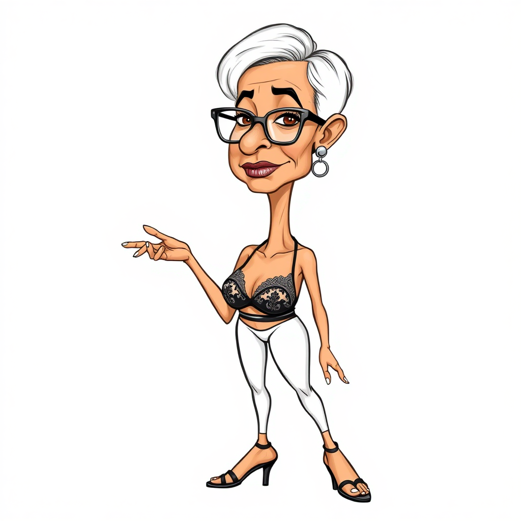 a towering 55 Years old, fit, slim, European, Latina, sharp aquiline nose, wrinkles, high cheekbones, Middle Eastern, Skinny, Tanned skin, Dark light skin, Rounded Medium breasts, Skinny thighs, full Makeup, jewelry, Serious face, Sharp nose, Ash hair, short bowl haircut, Brown eye color, Glasses, with detailed features. she is wearing embroidered black balconette bras and a white high cut 1980s cut out leotards, detailed fabric.  full body, high heels sandals, she is gesturing at the viewer, sweating, 
long establishing shot, 2D, caricature, cartoon, Sketch lines, coloring book, black and white, coloring book style on white background, well composed, clean coloring book page, No dither, no gradient, strong outline, No fill, No solids, vector illustration, realistic proportions