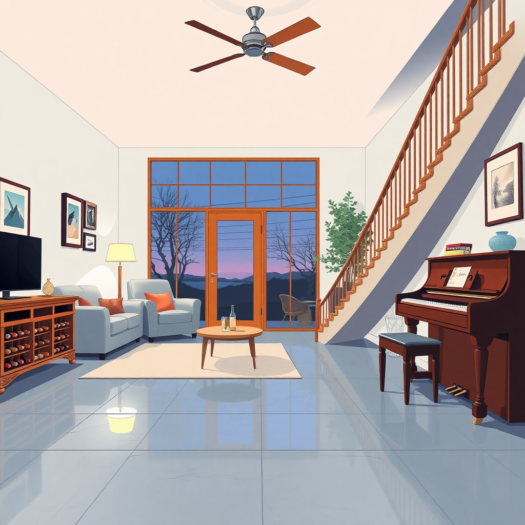 Indoors living room portrayed in the art form of Illustration. Drawing inspiration from the sketches of Mary Blair, the scene showcases a Scandinavian color scheme. The coziness of the room is enhanced by a sofa, armchair, and table, with a piano adding a touch of elegance. A bar under the stair flaunts a wine rack, and the polished concrete floor mirrors the twilight sky visible through a glass door with a wooden frame. Above, a ceiling fan turns lazily, and framed pictures decorate the walls. The room is cast in cool hues, with no discernible facial expressions. Soft lighting illuminates the room, enhancing the serene atmosphere. raw photo, high quality, (masterpiece), realistic,