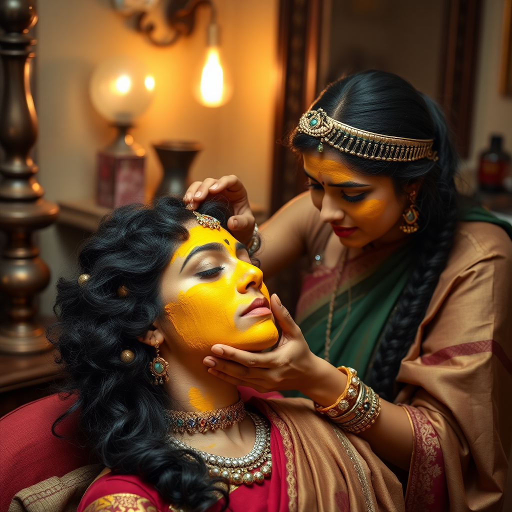 young cleopatra, working in beauty parlour, giving turmeric facial to rich, traditional indian wife