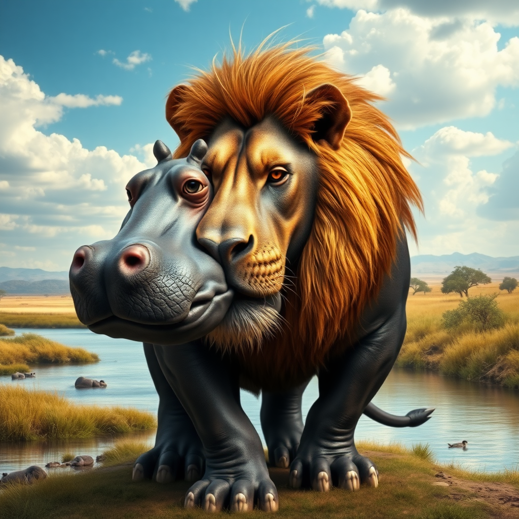 Lion featuring the musculature of a hippo. Retain the lion's head, facial features, and skin. Blend the backgrounds of a savannah and riverbank for a harmonious setting, drawing inspiration from the natural habitats of both animals. Aim for a photorealistic style, capturing the essence and textures of a wildlife scene. Highlight the powerful build and unique blend of elements from both animals, ensuring a seamless integration of the varied landscapes. Maintain focus on the lion's majestic presence within this imaginative hybrid environment.