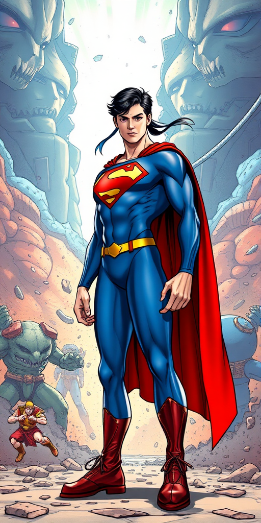 Create a full-length, highly detailed image of Superman with the body of Chun-Li, from the Street Fighter video game, standing in a dynamic battle scene. Superman, appearing surprised and bewildered, maintains his iconic red cape and "S" emblem but has Chun-Li's feminine build and blue outfit. He stands amidst an intense showdown with alien forces, the backdrop featuring a dramatic rip in the cosmic fabric of the universe. The scene should blend comic book and video game art styles, emphasizing both the chaos of battle and the character's astonishment at his transformation.