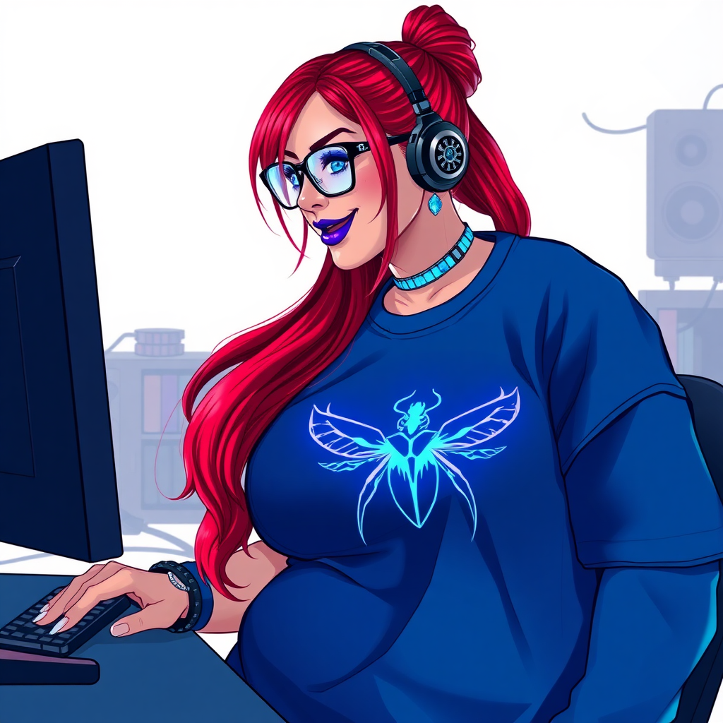 A cyberpunk vigilante’s full-figured intelligent and tech-savvy 29-year-old girlfriend, who is a computer hacker and tech genius. She has a long ruby red ponytail and bright blue eyes. She wears maximum blue lipstick, a sapphire beetle gemstone necklace, sapphire earrings, black eyeglasses, hi-tech metal arm armor, and an oversized maximum blue t-shirt featuring a neon blue glowing emblem of a winged beetle on its chest. She has a full-figured physique with a giant, round midsection, reflecting her well-cared-for lifestyle. She sports a sapphire headset with a hi-tech maximum turquoise lensed HUD, and a beaming smile with a passionate bright red blush. Despite her figure and a lack of self-esteem, she radiates beauty. She has a slim face which contributes to her radiant beauty. She serves as his tech expert from his hideout, diligently working at her lab table and computer desk. The background is solid white. She is drawn as if she was in a retro 2D cyberpunk fighting game.