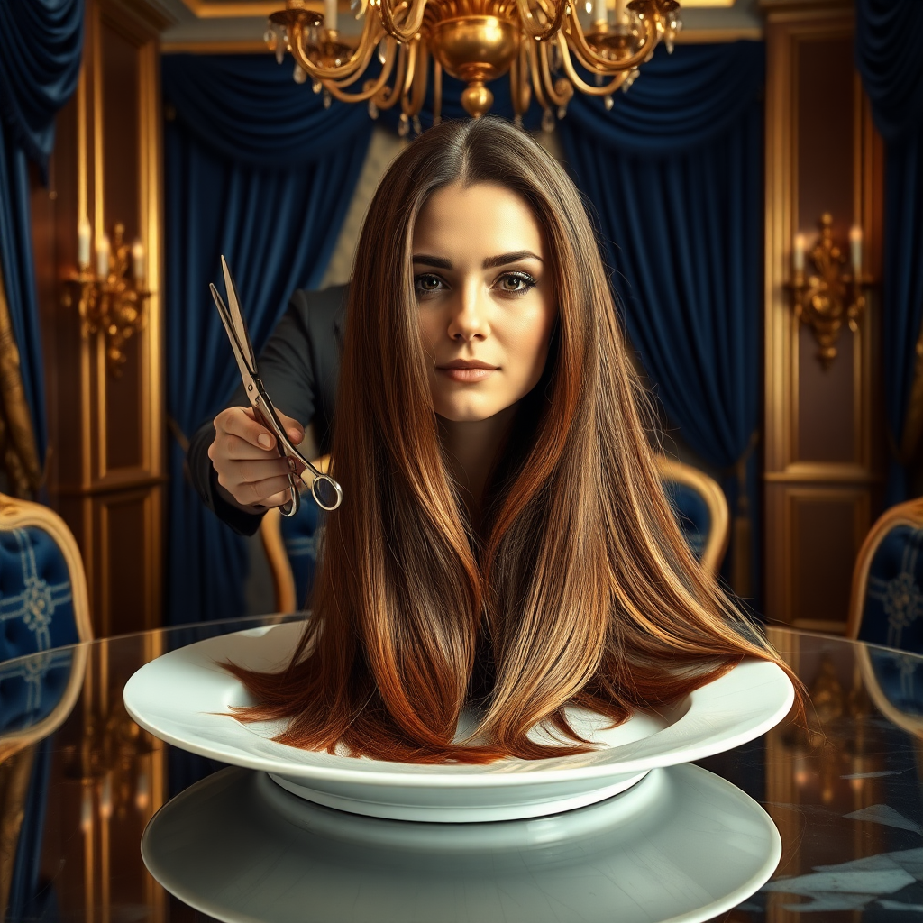 In a bizarre, surreal tableau, the polished surface of an elegant dining plate cradles the disembodied head of a strikingly beautiful Kate Middleton, her long, flowing hair cascading like a glossy waterfall of deep chestnut and honey highlights. The hair is luxuriously arranged, strands shimmering under the soft, ambient light that bathes the scene in an ethereal glow. Surrounding her head is an opulent, lavishly decorated dining room, rich with plush, velvet drapes in royal blue and golden accents that invoke a sense of grandeur.

A skilled hairdresser, clad in a sleek black apron, stands poised with a pair of gleaming scissors, carefully trimming the endlessly luxurious locks that frame Kate's serene, almost ethereal features. The air is thick with the scent of salon products mingling with delicate hints of floral fragrances, creating an unusual yet strangely inviting atmosphere. The hairdresser's focused expression reveals a meticulous dedication as snippets of hair fall gracefully onto the pristine plate, echoing a sense of both artistry and absurdity.

In the background, an ornate chandelier glimmers overhead, casting intricate shadow patterns on the richly textured walls, enhancing the surreal elegance of the scene. The overall emotional tone conveys a dreamlike quality, inviting viewers to ponder the juxtaposition of beauty, identity, and the bizarre circumstances that bind them in this extraordinary moment.