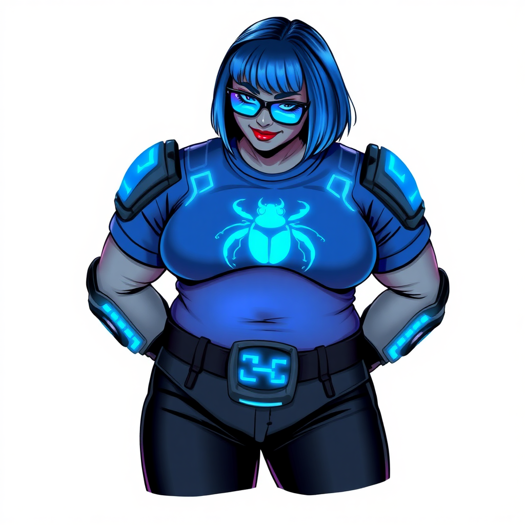 A 28-year-old, full-figured, metallic middle gray skinned cyberpunk computer program hybrid with a short maximum blue bob cut. She has a non-athletic build, highlighted by a prominent, round midsection (with a focus on her round belly). As a digital sidekick to her cyberpunk vigilante boyfriend, her middle gray metallic skin and maximum blue lipstick emphasize her digital nature. She wears a digital, computerized, costume consisting of a huge, tight-fitting, neon blue glowing, digital armored, maximum blue t-shirt (accentuating her round belly) with a neon blue glowing chest icon of a beetle, black digital pants, a black belt with a neon blue glowing digital beetle buckle, and black hi-tech gloves. Her bright blue eyes, black eyeglasses with a neon blue lensed HUD, and shy smile with neon red blush accentuate her nerdiness. She bashfully bows her head (while still facing the screen) with her hands behind her back, her t-shirt covers her midsection (especially her belly) and emphasizing her full-figured, non-athletic physique. She is on a solid white background. She is drawn as if she was in a retro 2D cyberpunk fighting game. She is clearly non-athletic, with a focus on her full figure. Make sure her costume covers all of her bare skin (especially her round belly).