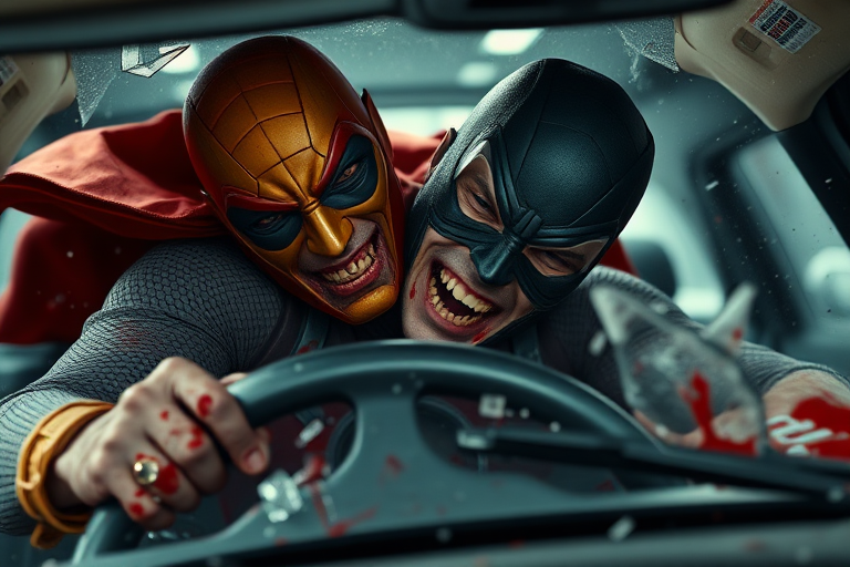 Realistic. Masked Superhero in car crash, propelled forward with tortured face as impact sends superhero violently over steering wheel and out through windshield of car and out over hood of car. Much blood and glass flying. Mask being torn from face by breaking windshield.