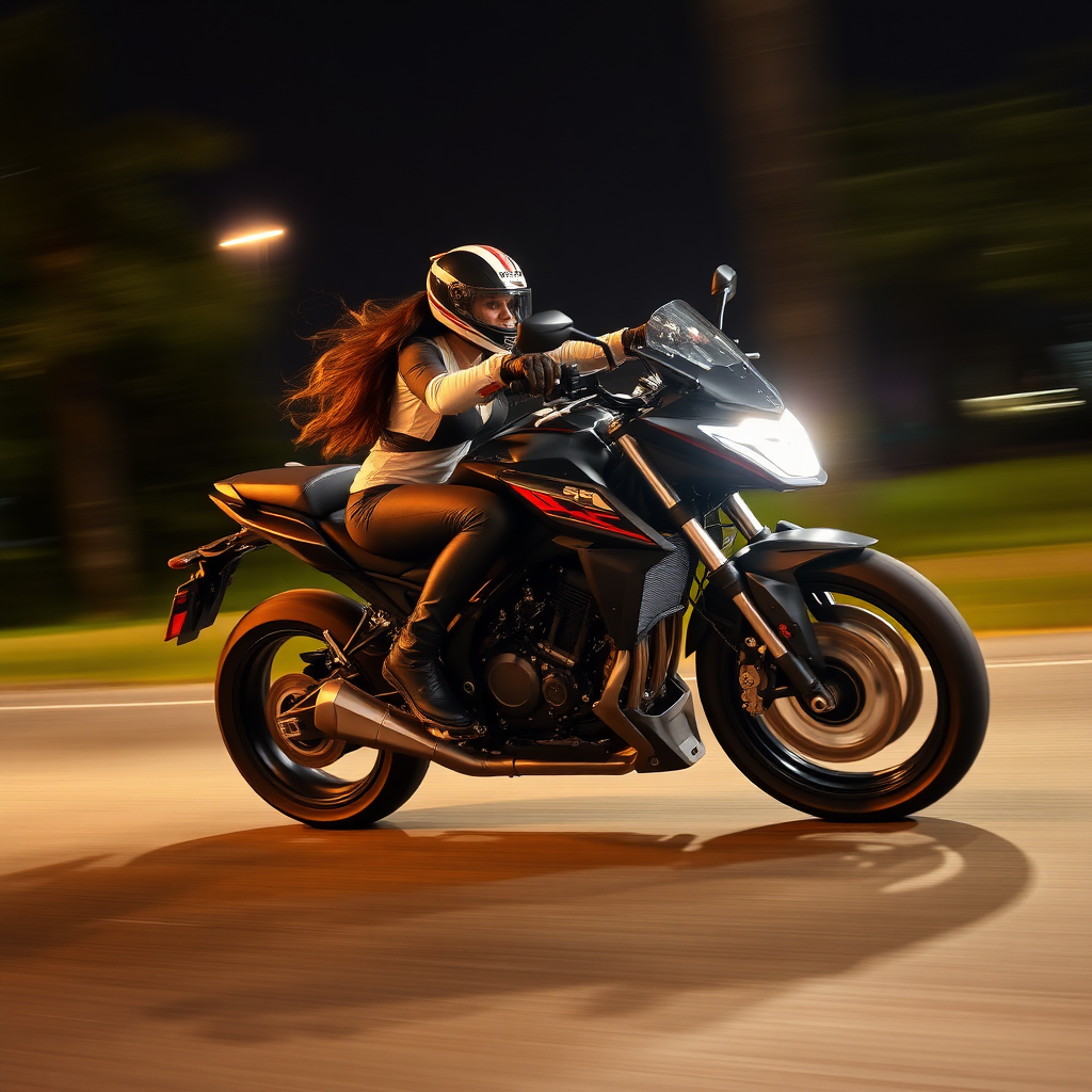 A sexy motorcycle rider rushes through the night. She leans into the curve at high speed. The motorcycle tilts sideways.