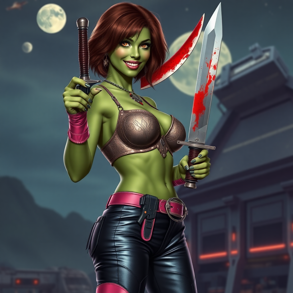 Tall, beautiful green skinned woman. Her brown hair is in a shag-cut style. Her eyes are gold. She is dressed in an ornate metal bra. She is wearing black leather pants, with pink knee high boots. She is holding a large, bloody dagger in a threatening manner. She is smiling. A sci-fi looking gun is holstered at her hip. She is at a sci-fi space-port. A spaceship is seen in the sky, a moon behind it.