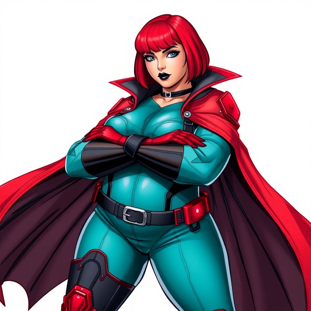 A 26-year-old, heavily-pampered, full-figured, mystical vigilante detective ally of her cyberpunk vigilante older brother figure with a bright red bob cut, black lipstick, and piercing bright blue eyes. She has a new non-athletic build, now highlighted by a prominent, round, gargantuan midsection (with the full emphasis on her gargantuan belly), which shows the aftermath of her pampering. Despite her new physique, she displays her usual confidence. She wears a huge, high-tech, tight-fitting, maximum turquoise biker suit (accentuating and emphasizing her gargantuan belly), complemented by a glowing neon red cape and high-tech red gloves. Her stance is firm and resolute, arms crossed, exuding a no-nonsense attitude. Her costume reflects the influence of DC New 52 Prime Earth’s Phantom Lady, Jennifer Knight, while her pose embodies the moral ambiguity and determination reminiscent of DC’s Pax Americana’s The Question. She is on a solid white background. She is drawn as if she was in a retro 2D cyberpunk fighting game. She is clearly non-athletic, with a focus on her full-figured physique. Her belly is fully bloated to emphasize her non-athletic figure. Make sure that her biker suit covers all of her bare skin (especially her gargantuan midsection).